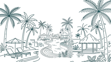 Obraz premium Hand drawn coloring page featuring a tropical resort swimming pool with palm trees and lounge chairs.