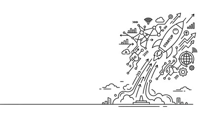 Hand drawn doodle illustration of a rocket ship launching for business strategy. © sumi yati