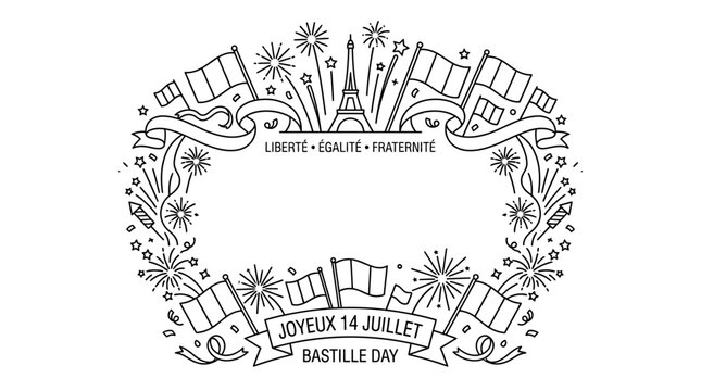 Hand drawn Bastille Day frame with Eiffel Tower and French flags.