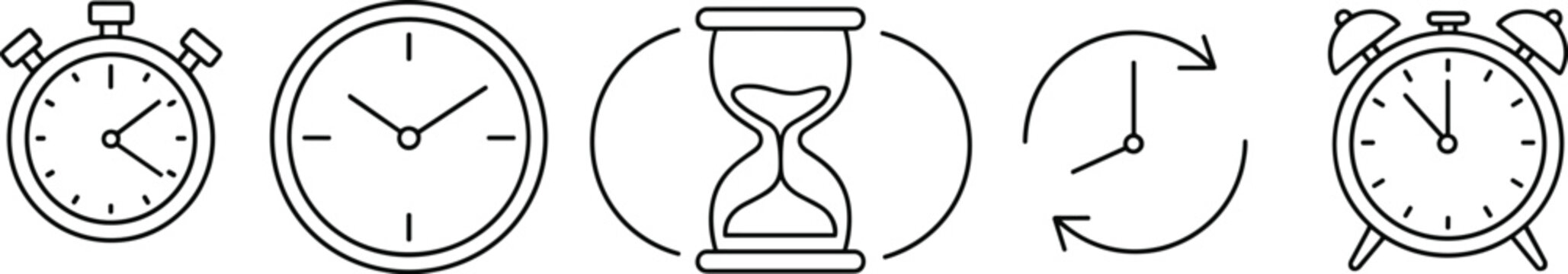 Collection of timekeeping icons in outline style stopwatch