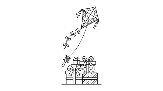 Hand drawn doodle illustration of a flying kite above a stack of gift boxes.