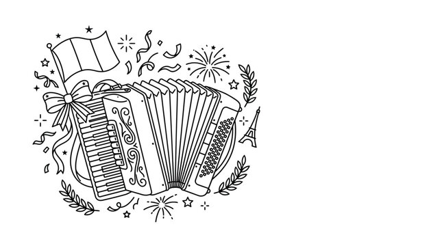 Hand drawn doodle illustration of a French accordion with flag and Eiffel Tower.