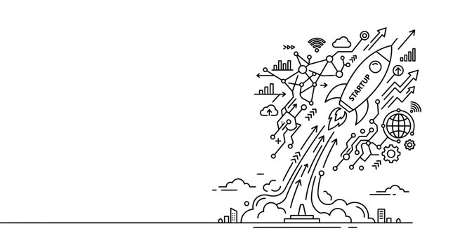 Hand drawn doodle illustration of a rocket ship launching for business strategy.