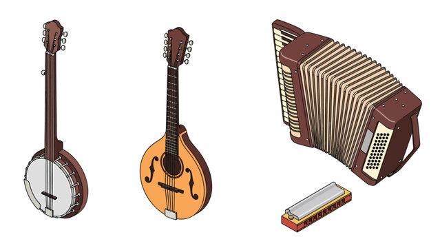 A collection of musical instruments including a banjo, mandolin, accordion, and harmonica on a white background.