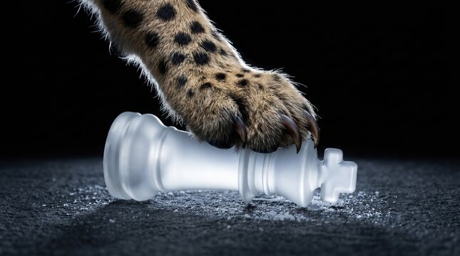 Cheetah paw crushing a glass chess king symbolizes ultimate power and strategic victory, representing triumph over challenges in business or life
