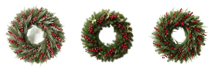 Traditional Green Christmas Wreath Hanging Ornament With Red Berries On Transparent Background © new