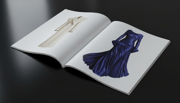a mockup of an open fashion magazine on a glossy black table. The visible page showcase a high fashion clothing advertisement with a clean, minimalist layout