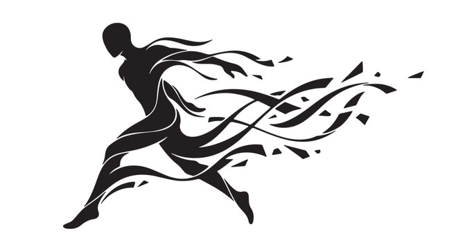 Abstract black human silhouette dissolving into fragmented ribbon currents, asymmetrical luxury contour motion, premium monochrome vector artwork, isolated white background, elegant negative space bal