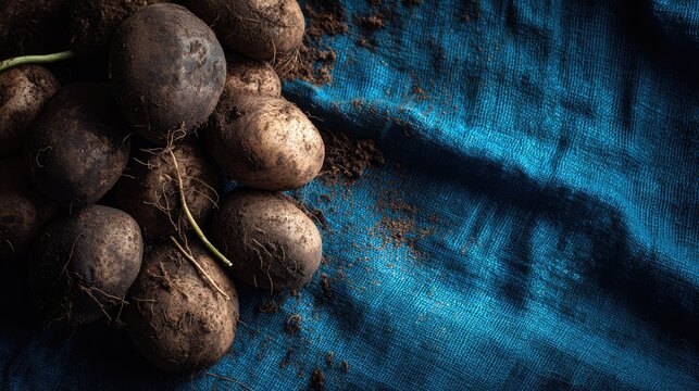 Freshly harvested potatoes on a blue textile background for culinary imagery