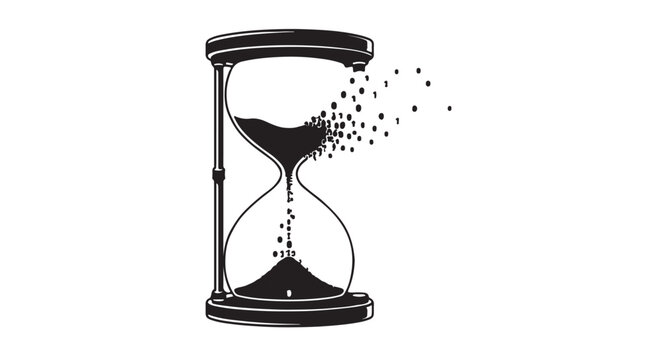 Time management and digital era concept, a classic hourglass melting and dissolving into modern binary code falling like sand, black and white vector graphic, surrealistic conceptual art, clean flat i