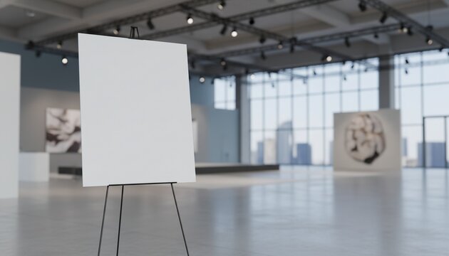 Blank vertical easel poster in modern indoor event space with blurred exhibition backdrop, ideal for conference signage, business presentation, or commercial promotional mockup