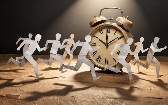 Paper cutouts race past a vintage alarm clock symbolizing urgency and