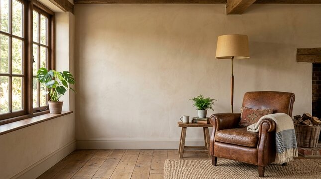 Empty Beige Wall Mockup in Rustic Interior with Leather Armchair and a Vintage Floor Lamp. Natural Daylight From a Window. Promotion Background.