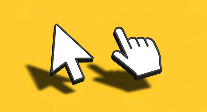 Computer cursor arrow and hand pointer icons on yellow background with computer interface technology navigation graphics selection pointing