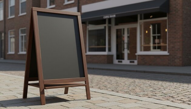 Empty menu board on the street near the coffee shop entrance in perspective. Chalkboard menu sign mockup