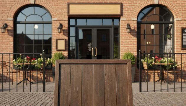 Empty wooden menu board in front of the Coffee Shop or restaurant in blurry background for mockup