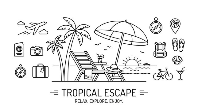 Hand drawn doodle set of summer vacation and tropical travel elements.