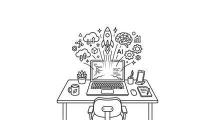 Hand drawn illustration of a laptop on a desk with artificial intelligence and technology icons. © Ari ortega