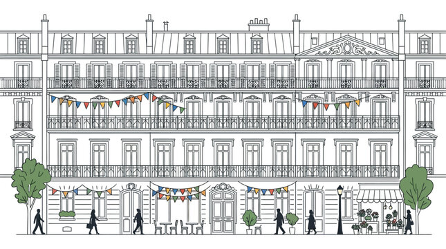Hand drawn illustration of a classic Parisian apartment building street scene.