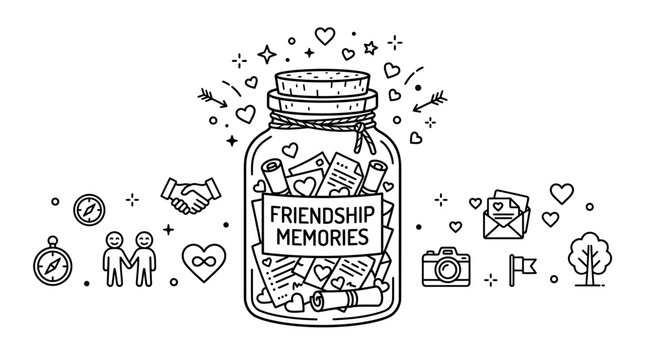 Hand drawn illustration of a glass jar filled with friendship memories and symbolic icons.