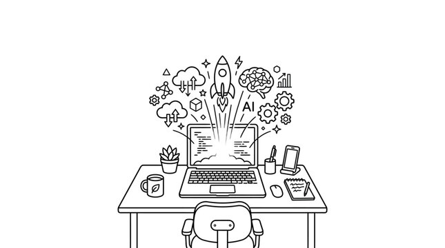 Hand drawn illustration of a laptop on a desk with artificial intelligence and technology icons.