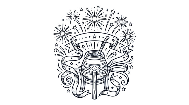 Hand drawn illustration of a mate gourd with bombilla straw and festive ribbon.