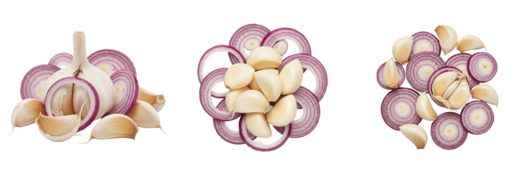 Slices of red onion arranged around peeled garlic cloves isolated transparent background png set premium ingredient stock photography