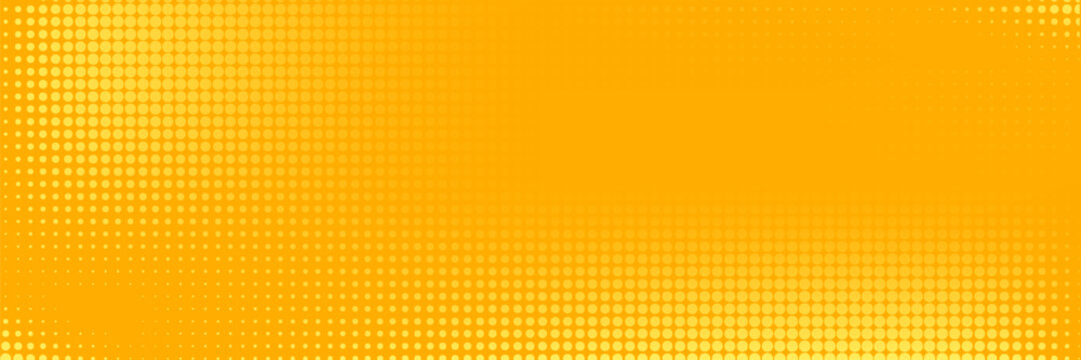 Yellow halftone pattern. Retro comic gradient background. Bright orange pixelated dotted texture overlay. Cartoon pop art faded gradient pattern. Vector backdrop for poster, banner, advertisement