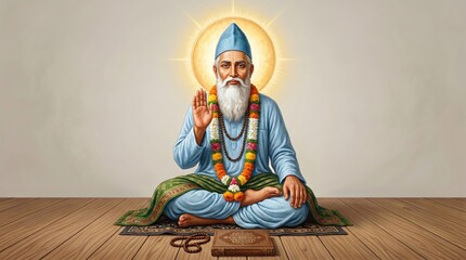 Fototapeta premium Elderly spiritual guru sitting in meditation pose with holy book and prayer beads on a wooden floor sant kabirdas