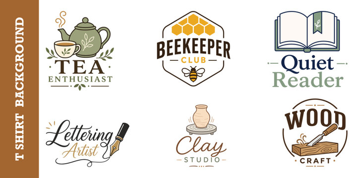 Creative craft and artisan logos set including tea beekeeping reading calligraphy and clay.