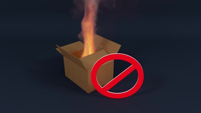 Flammable Cardboard Box On Fire With Prohibition Sign