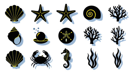 Nautical Icons: Seashells, Starfish, Seahorse, Crab, Coral, Seaweed, Pearl, Sand Dollar © roina