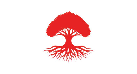 Vibrant Red Tree Silhouette with Extensive Root System on White Background © roina