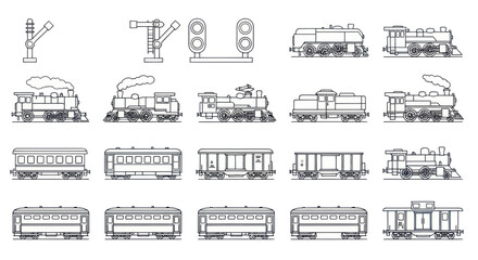 Obraz premium Vintage Train Collection: Steam Locomotives, Carriages, and Signals