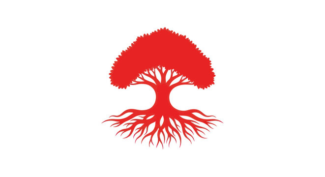 Vibrant Red Tree Silhouette with Extensive Root System on White Background