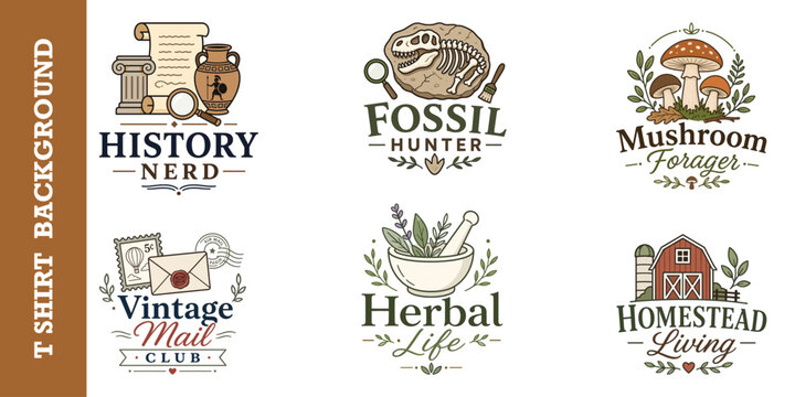 Historical and rural lifestyle logos including fossil mushroom foraging mail and farm icons.