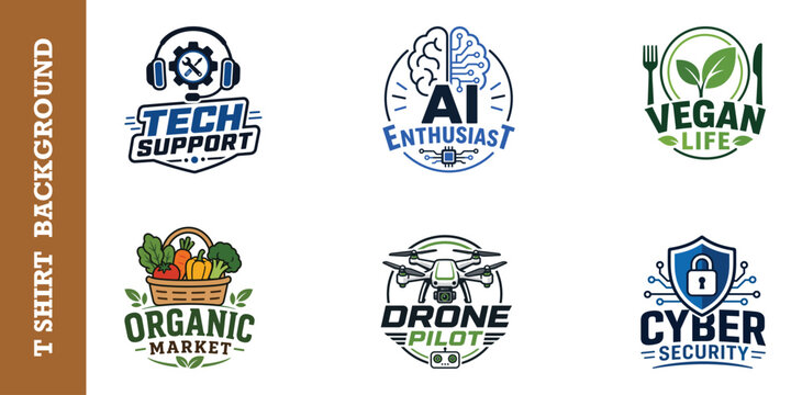 Modern technology and nature themed logos for apparel design in simple vector graphic art.
