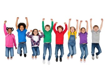 Fototapeta premium Group of Diverse Happy Children Jumping Together with Arms Raised Isolated on White Background