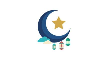 Fototapeta premium Crescent Moon and Star with Hanging Lanterns Flat Vector Illustration Isolated on White Background