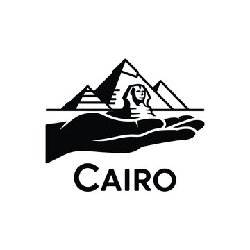 cairo travel icon with sphinx and pyramids black silhouette
