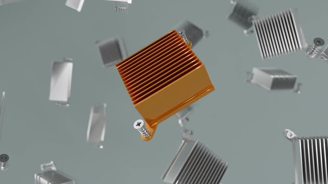 Copper Heatsink Floating Among Multiple Silver Heatsinks Scattered