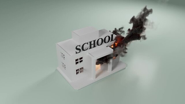 School Building On Fire With Dense Black Smoke