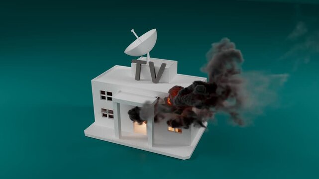 Television Station Building On Fire With Satellite Dish