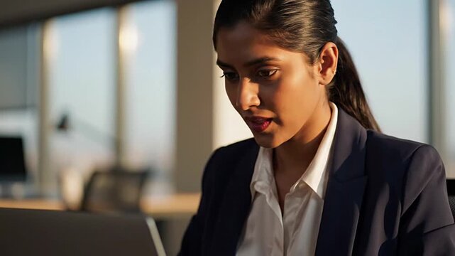 Professional Indian businesswoman works on laptop in a modern office, leveraging digital tools for business strategy and corporate tasks. Focus on productivity, efficiency, and career success.