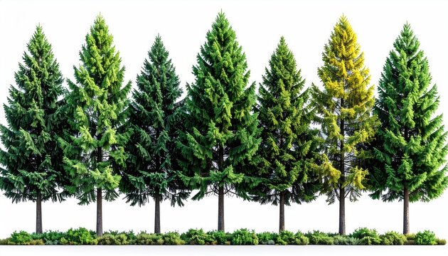 Row of seven evergreen trees, mostly green with one yellowish tree, against white