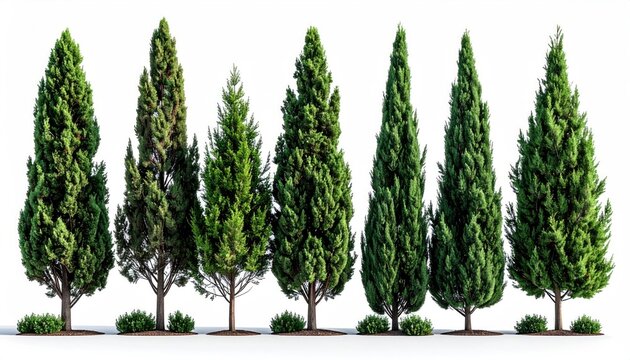 Row of seven evergreen trees with dense foliage and small shrubs at their bases