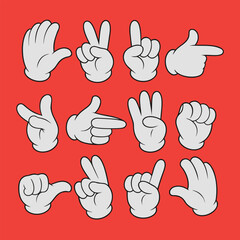 Fototapeta premium Set of white hand gesture icons on bright red background, sticker style