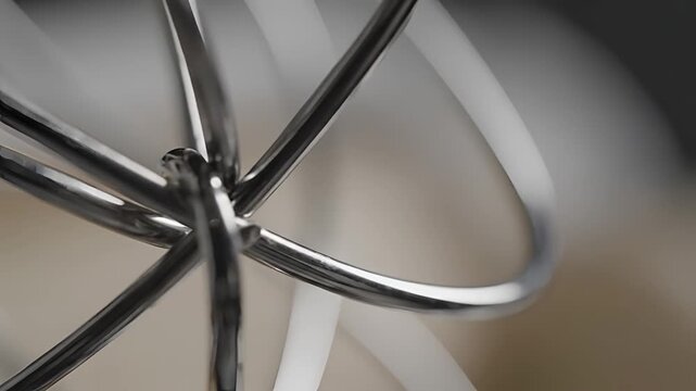 Closeup of a metal whisk attachment spinning rapidly in a kitchen mixer.