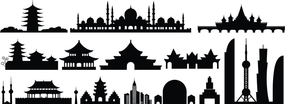 Asian landmark silhouettes, oriental architecture, pagoda, temple, mosque, shrine, skyline, city, buildings, monuments, tourism, travel