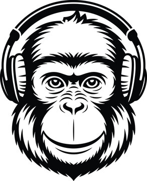 Chimpanzee head wearing headphones, black and white monkey portrait, musical ape mascot, cool animal listening to music